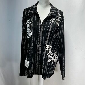 Laura Ashley Womens Black White Stripe Floral Zip Up Jacket Top 2XL